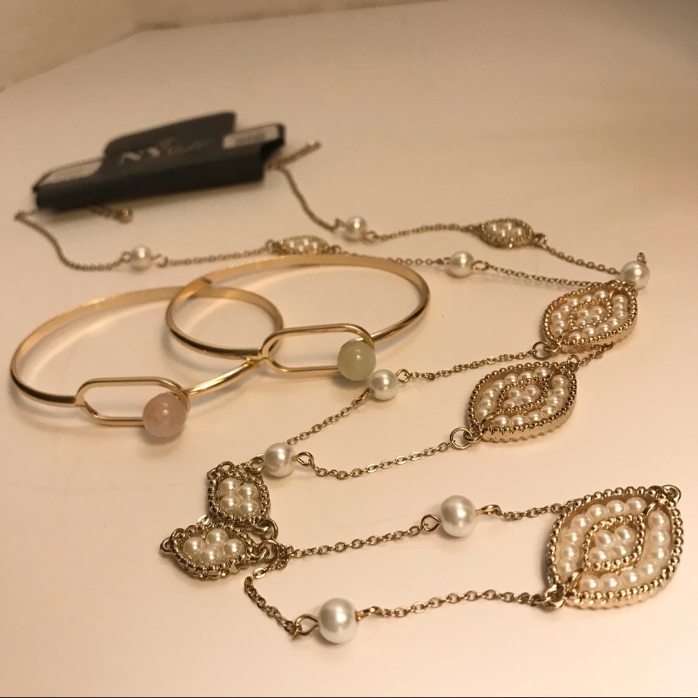 2 Gemstone bracelets and Pearl necklace Gold Tone - Picture 10 of 10
